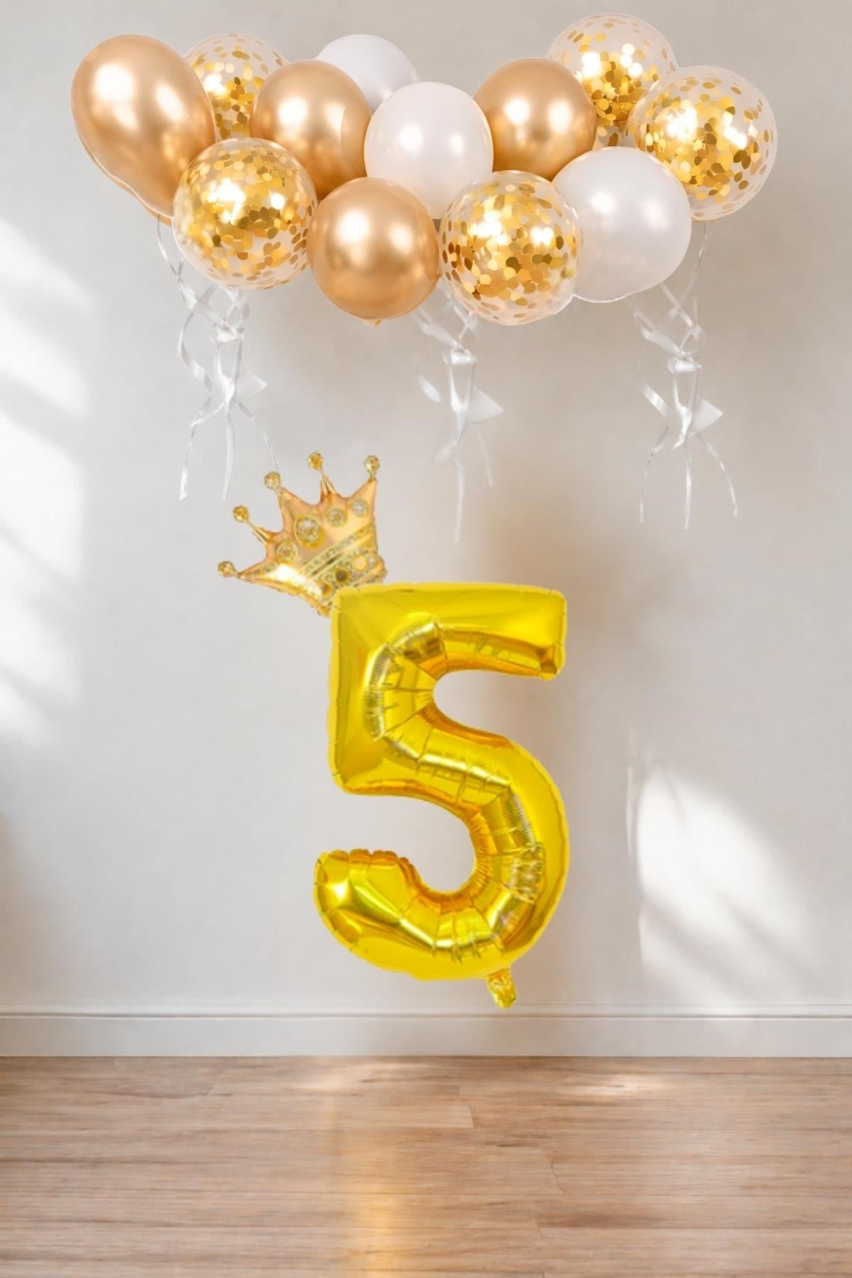 5 Rakam Gold Folyo Balon, Kral Tacı Ve Konfetili Gold Balon