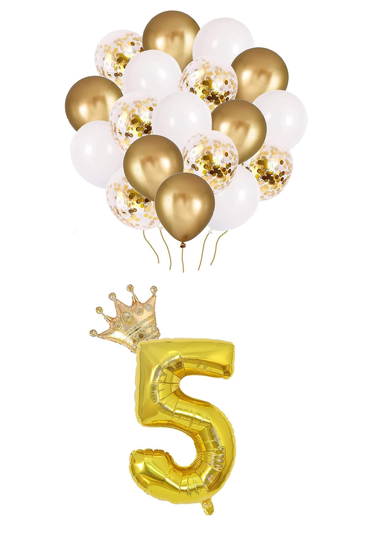 5 Rakam Gold Folyo Balon, Kral Tacı Ve Konfetili Gold Balon