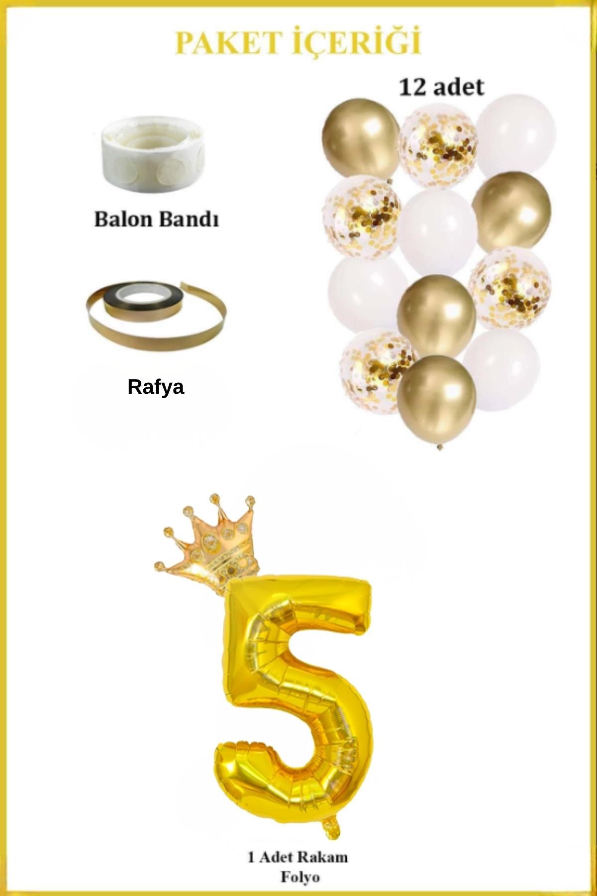 5 Rakam Gold Folyo Balon, Kral Tacı Ve Konfetili Gold Balon