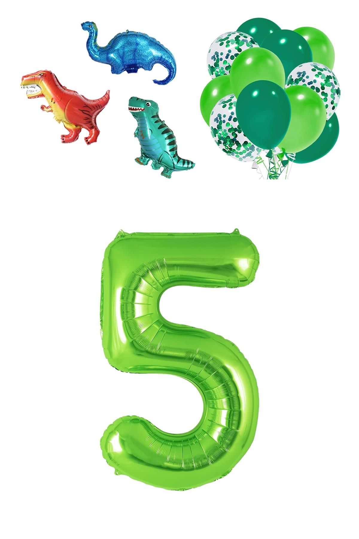 5 Yaş Dinazor Set; Rakam Folyo, 3 Adet Mini Dinazor ve 10 lu Balon