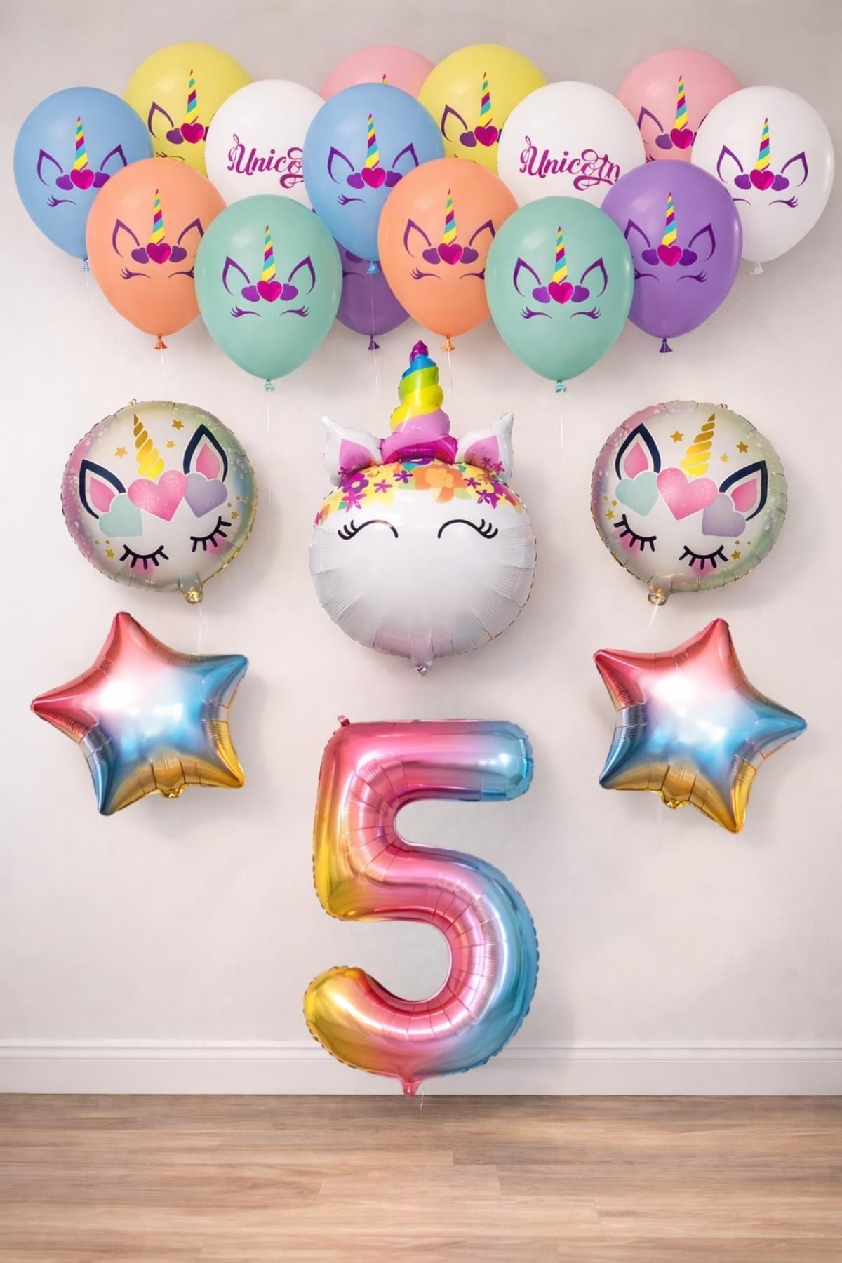 5 Yaş Gökkuşağı Konsepti Unicorn Temalı Doğum Günü Parti Kutlama Seti