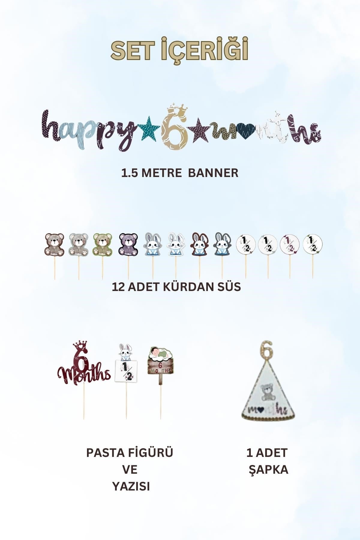 6 Ay Temalı Erkek Bebek Parti Seti – 6 Months Banner, Pasta Süsü, Kürdan Süs ve Parti Şapkası Seti