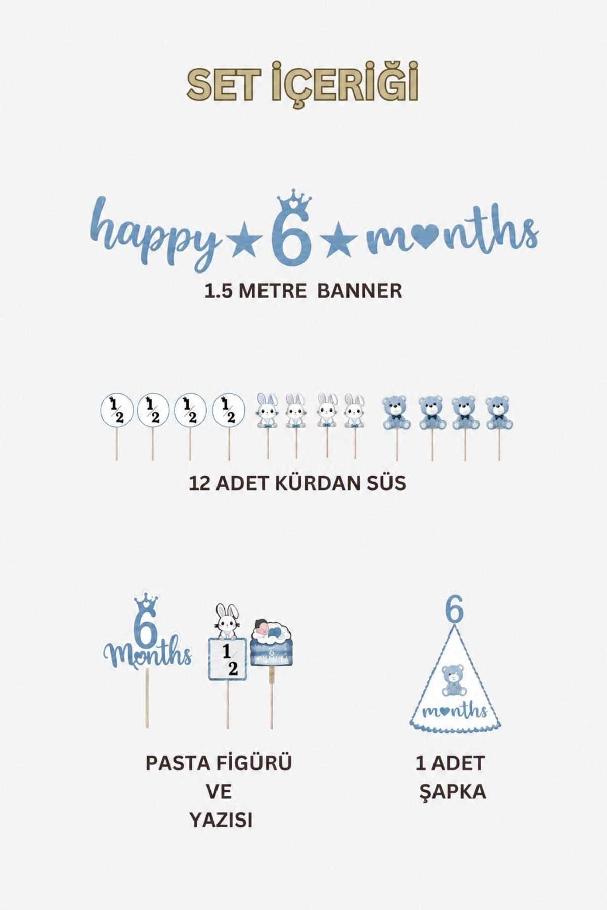6 Ay Temalı Erkek Bebek Parti Seti – Happy 6 Months Banner, Pasta Süsü, Kürdan Süs ve Parti Şapkası Seti Mavi
