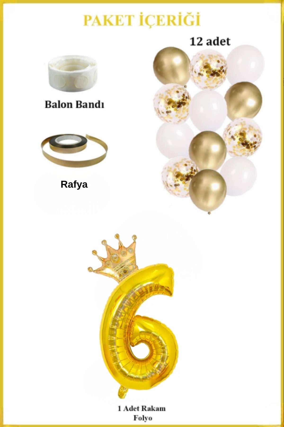 6 Rakam Gold Folyo Balon, Kral Tacı Ve Konfetili Gold Balon