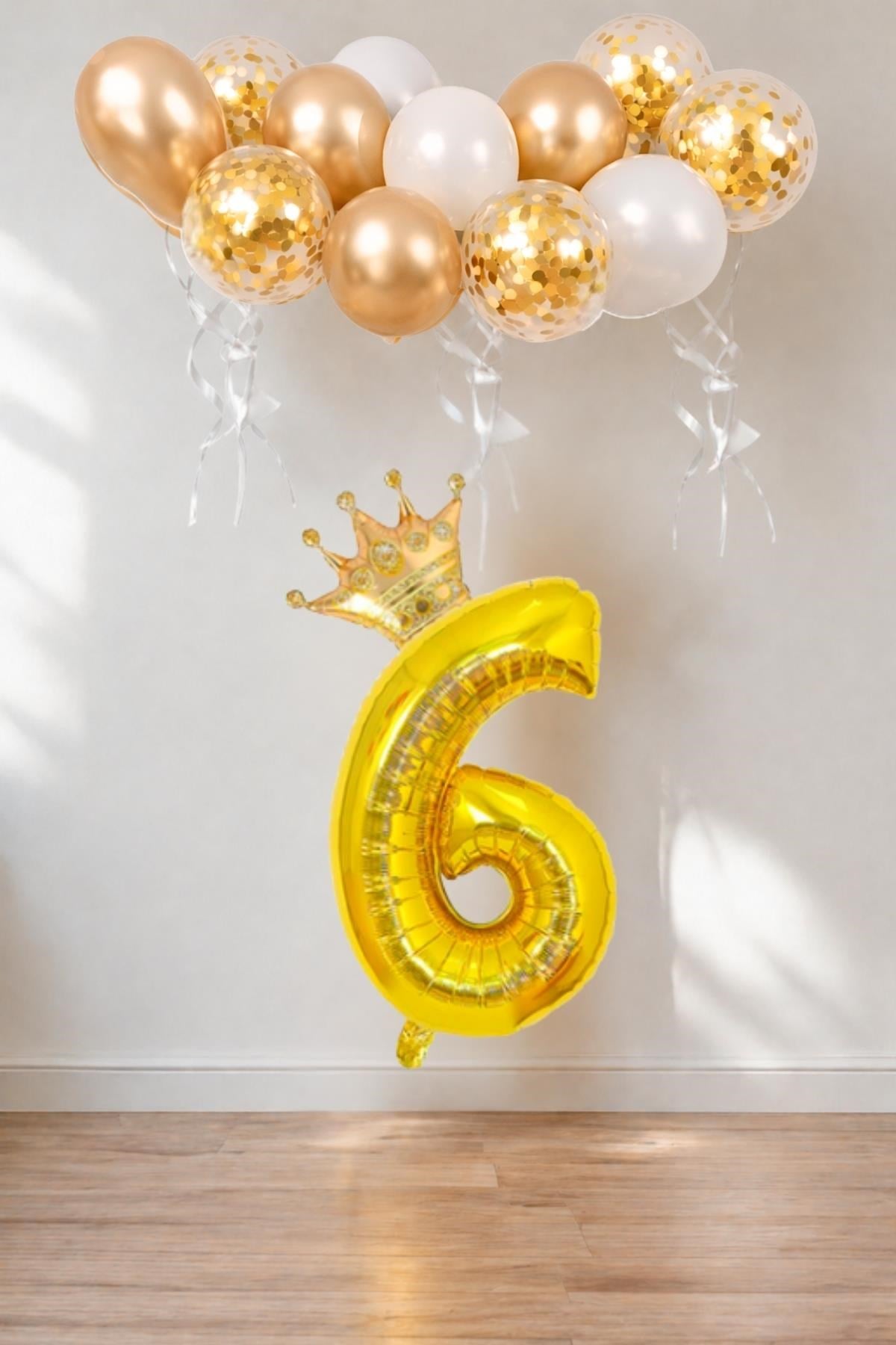 6 Rakam Gold Folyo Balon, Kral Tacı Ve Konfetili Gold Balon