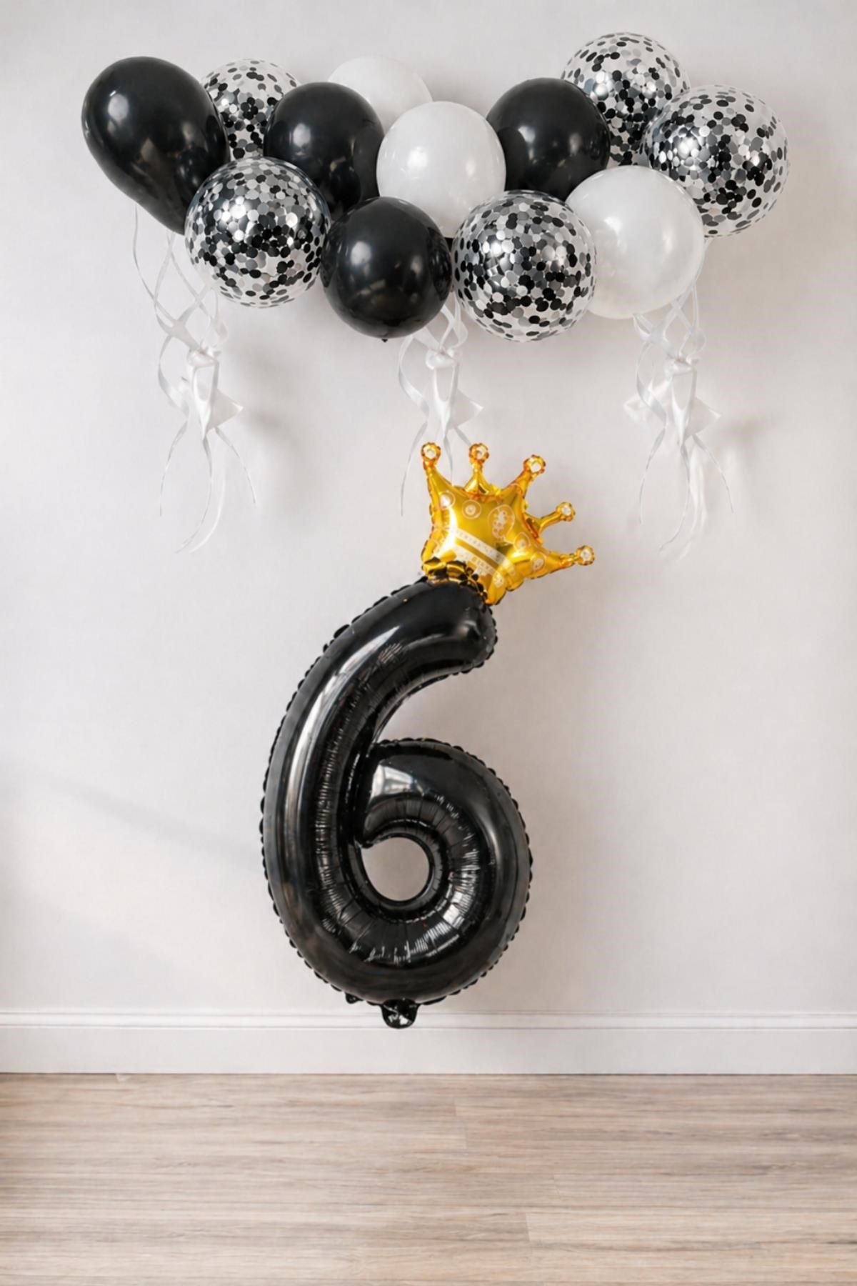 6 Rakam Siyah Folyo Balon, Kral Tacı Ve Konfetili Siyah Balon Set