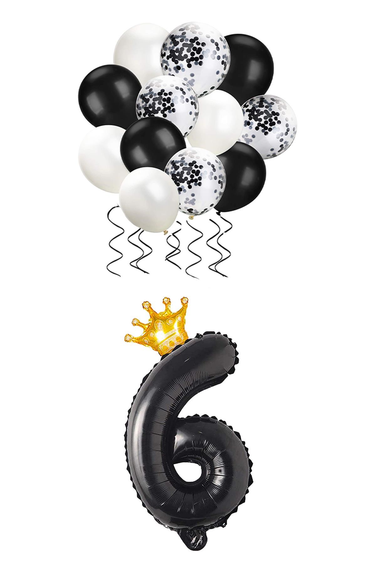 6 Rakam Siyah Folyo Balon, Kral Tacı Ve Konfetili Siyah Balon Set