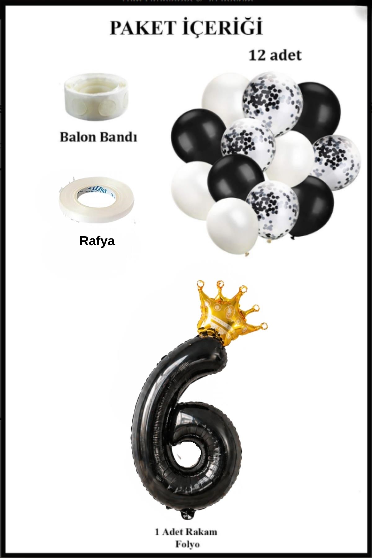 6 Rakam Siyah Folyo Balon, Kral Tacı Ve Konfetili Siyah Balon Set
