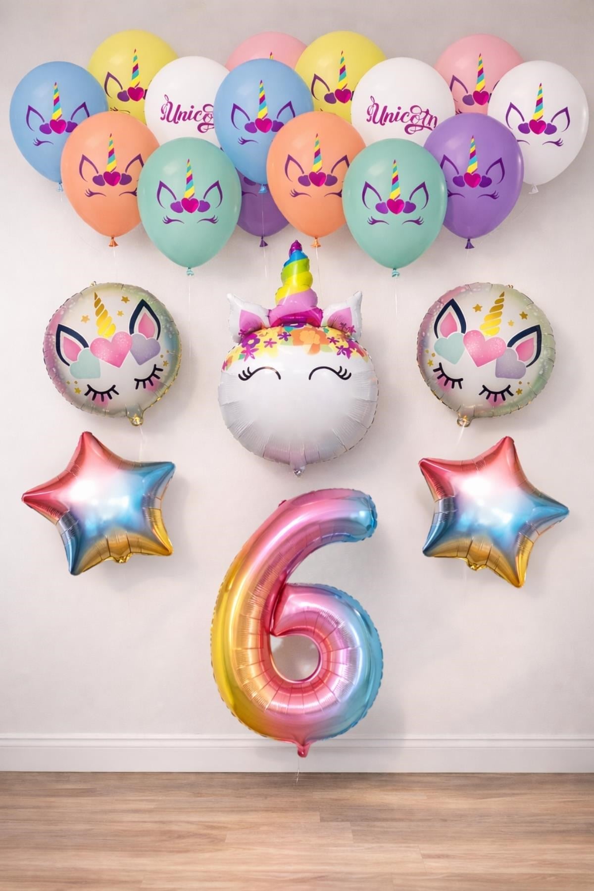 6 Yaş Gökkuşağı Konsepti Unicorn Temalı Doğum Günü Parti Kutlama Seti