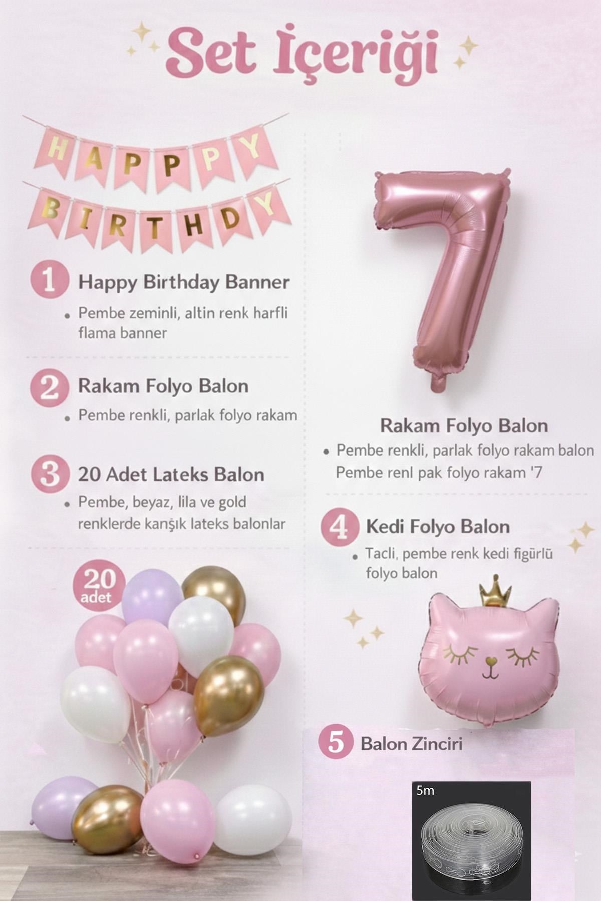7 Yaş Kedi Temalı Günü Balon Doğum Seti – Pembe Gold Konsept