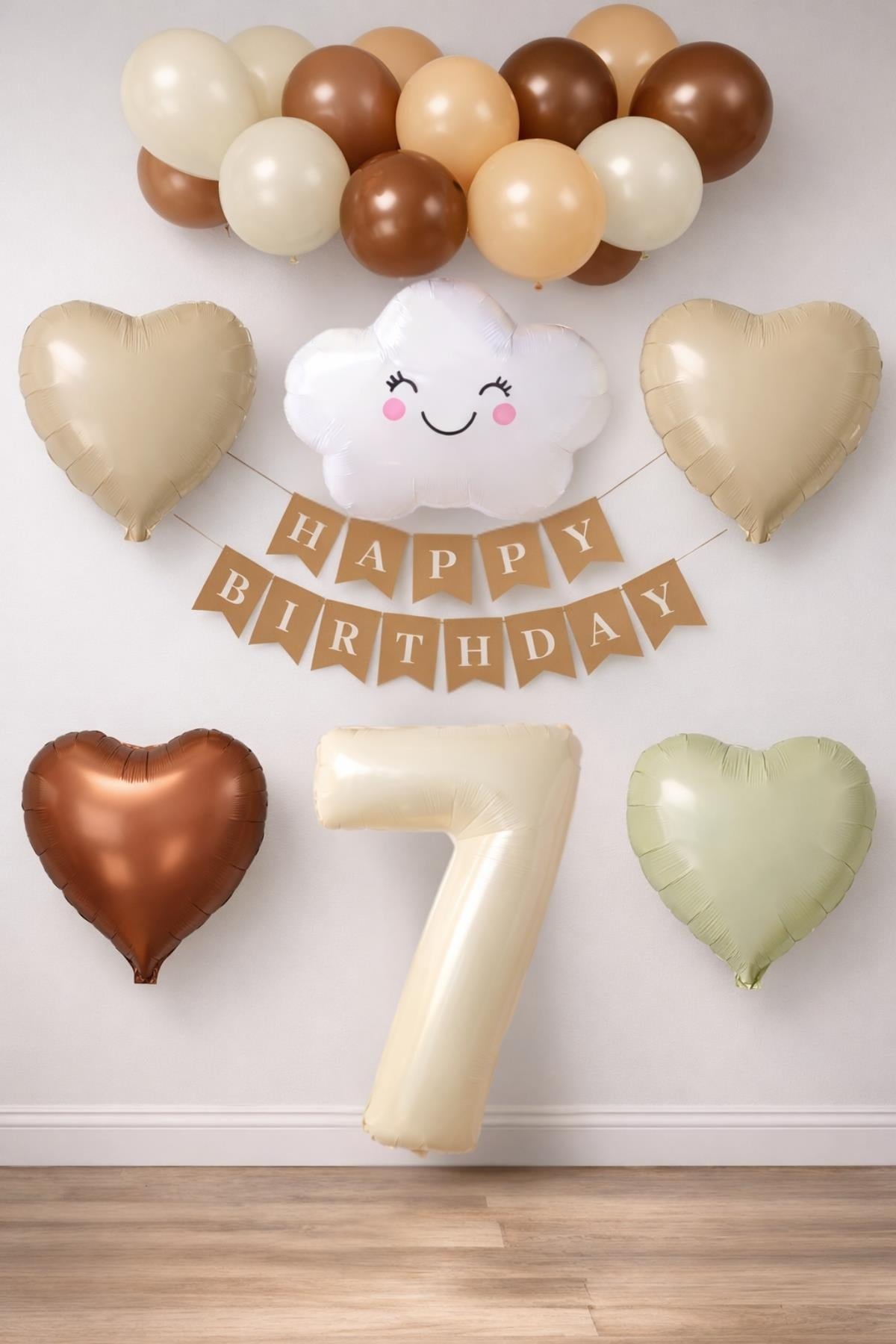 7 Yaş Retro Doğum Günü Seti; Krem Rakam Folyo, Banner, Kalp Folyo ve Lateks Balon