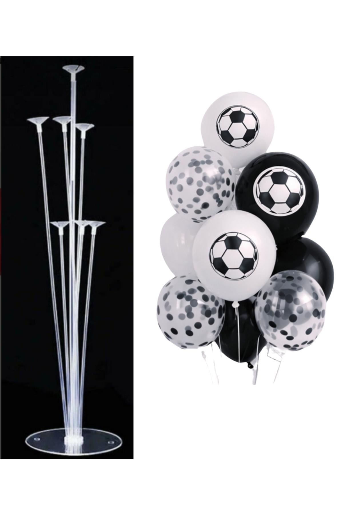 7li Balon Standı ve 10 Adet Futbol Temalı Siyah-Beyaz-Şeffaf Konfetili Balon Set