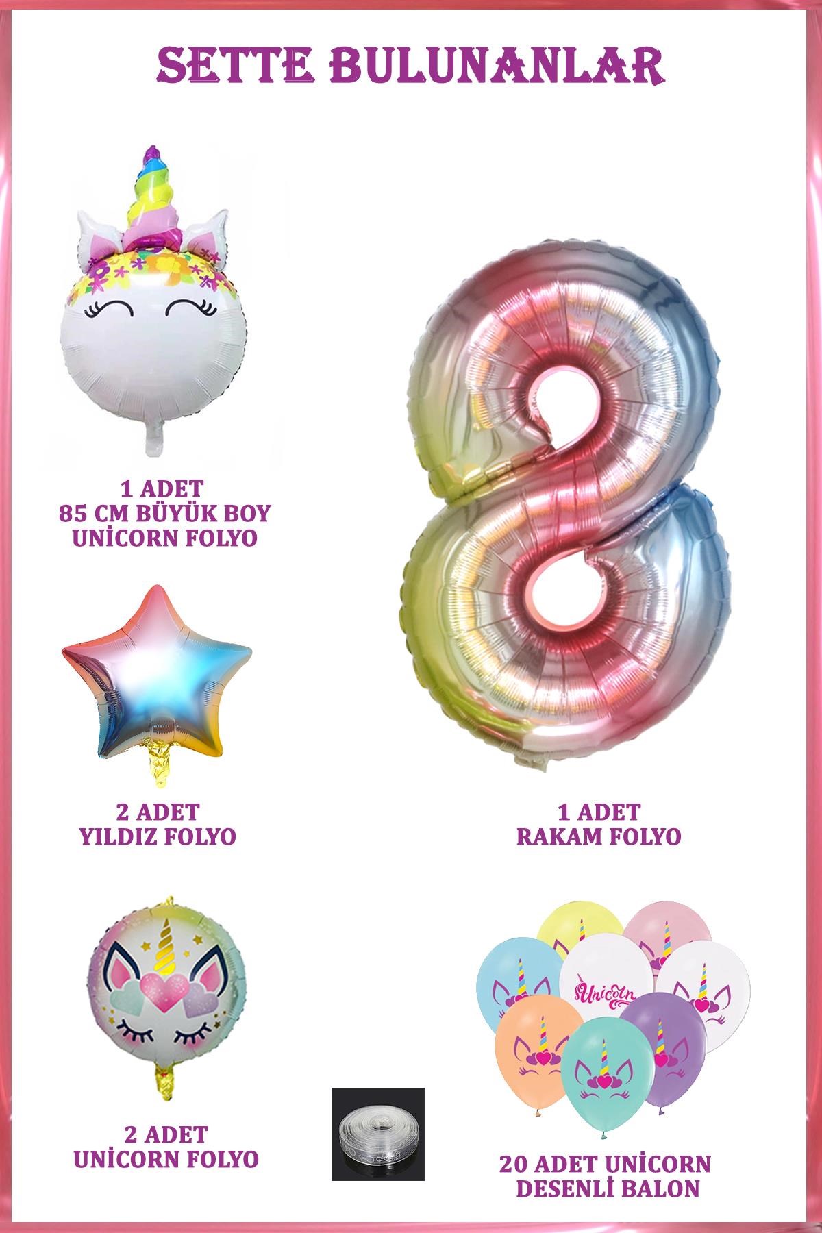 8 Yaş Gökkuşağı Konsepti Unicorn Temalı Doğum Günü Parti Kutlama Seti