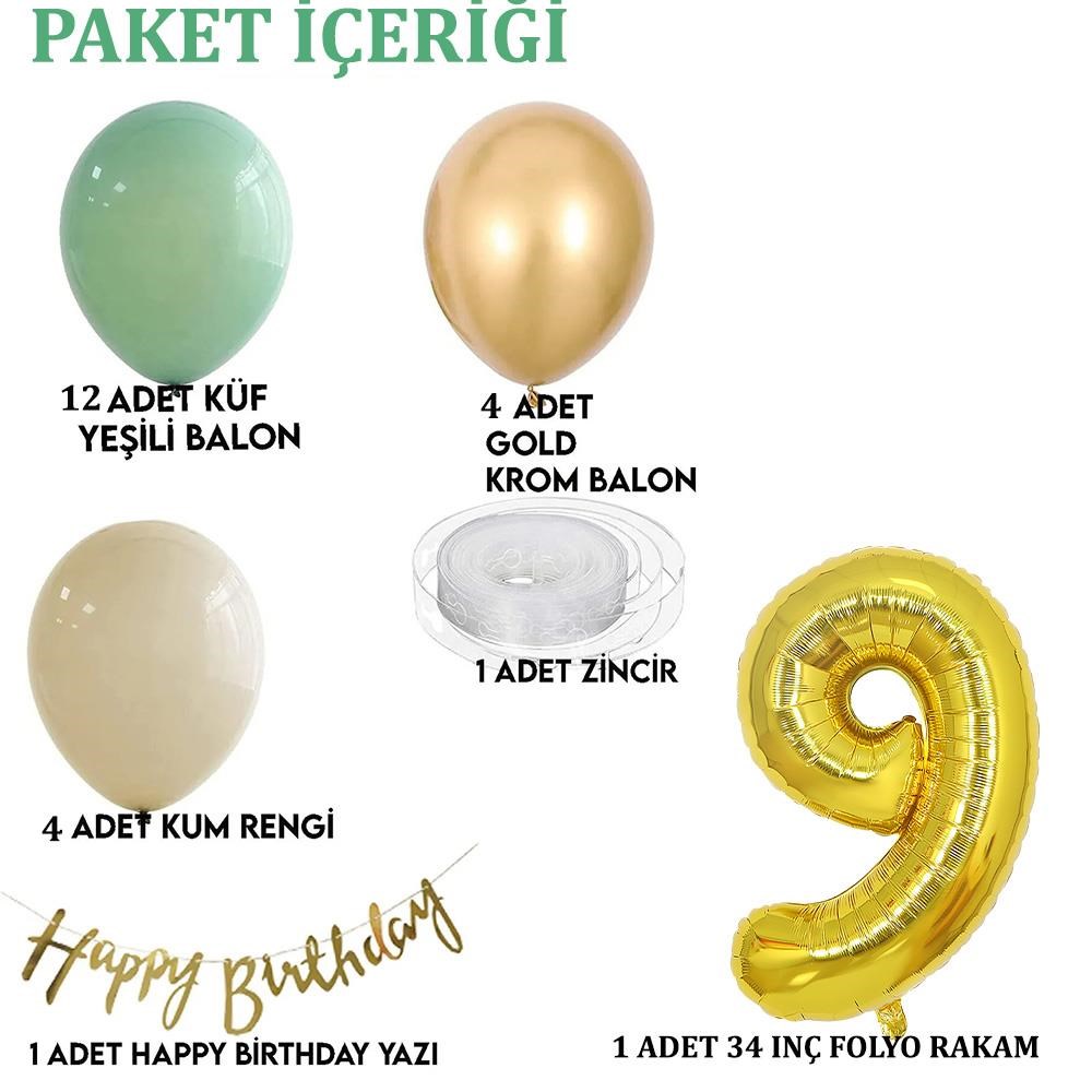 9 Yaş Küf Yeşili Deniz Kumu ve Krom Gold Balonlu Konsept  Doğum Günü Seti