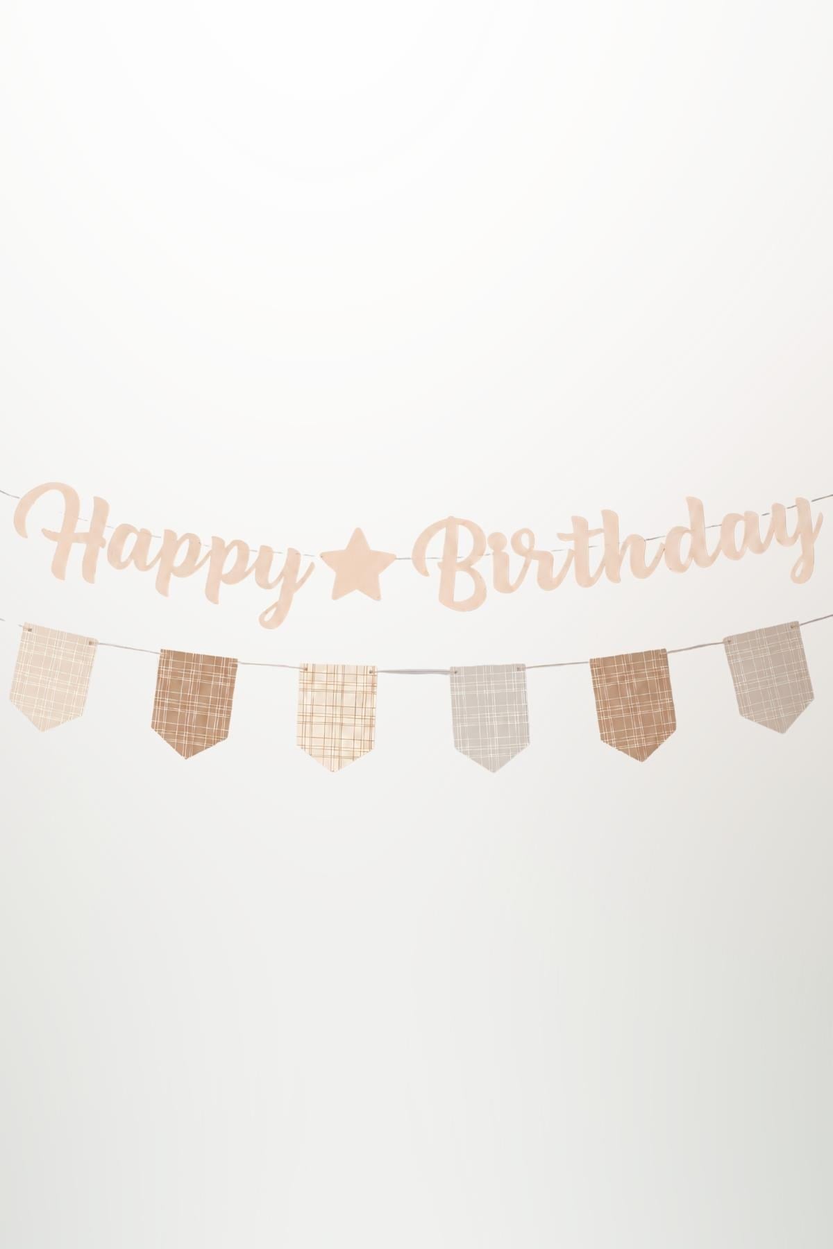Bej Bohem Happy Birthday Banner Seti – Ekose Flamalı Doğum Günü Süsleme Dekorasyon Seti