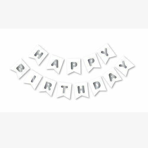 Beyaz Zemin Gümüş Happy Birthday Banner 