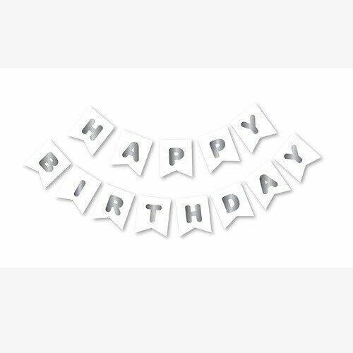 Beyaz Zemin Gümüş Happy Birthday Banner 