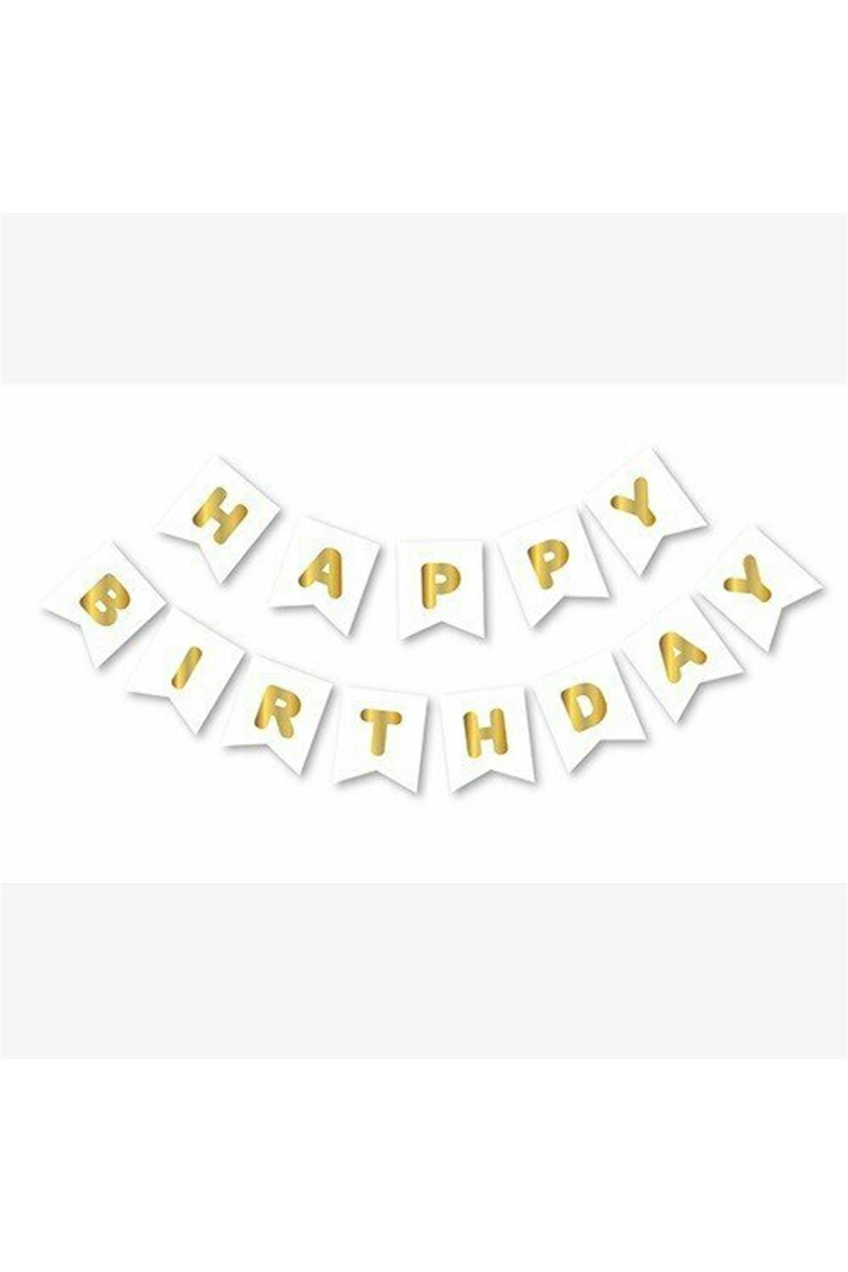 Beyaz Zemin Happy Birthday Gold Banner