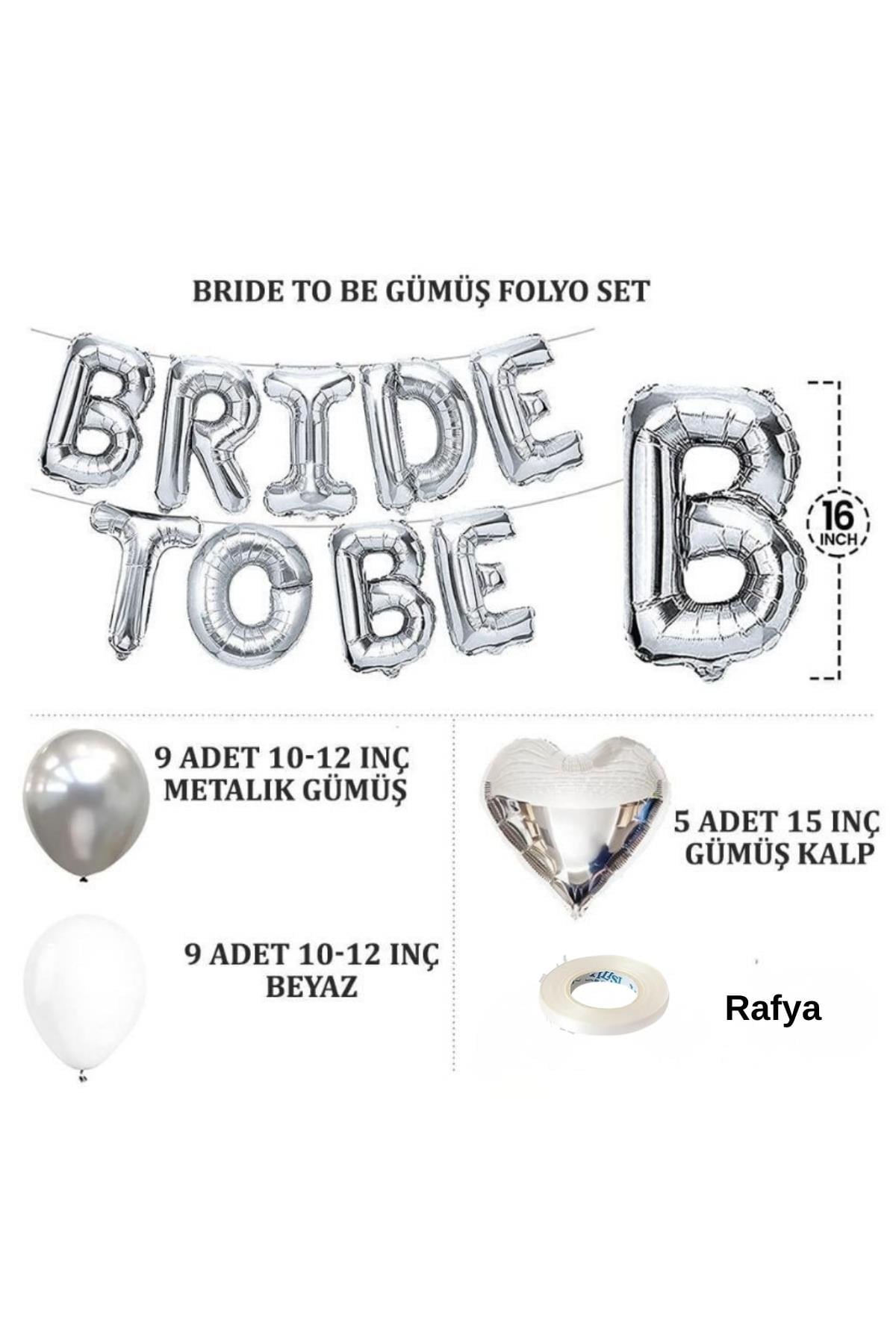 Bride To Be Gümüş Folyo Balon Seti, 5 Adet Kalp Folyo ve Lateks Balon