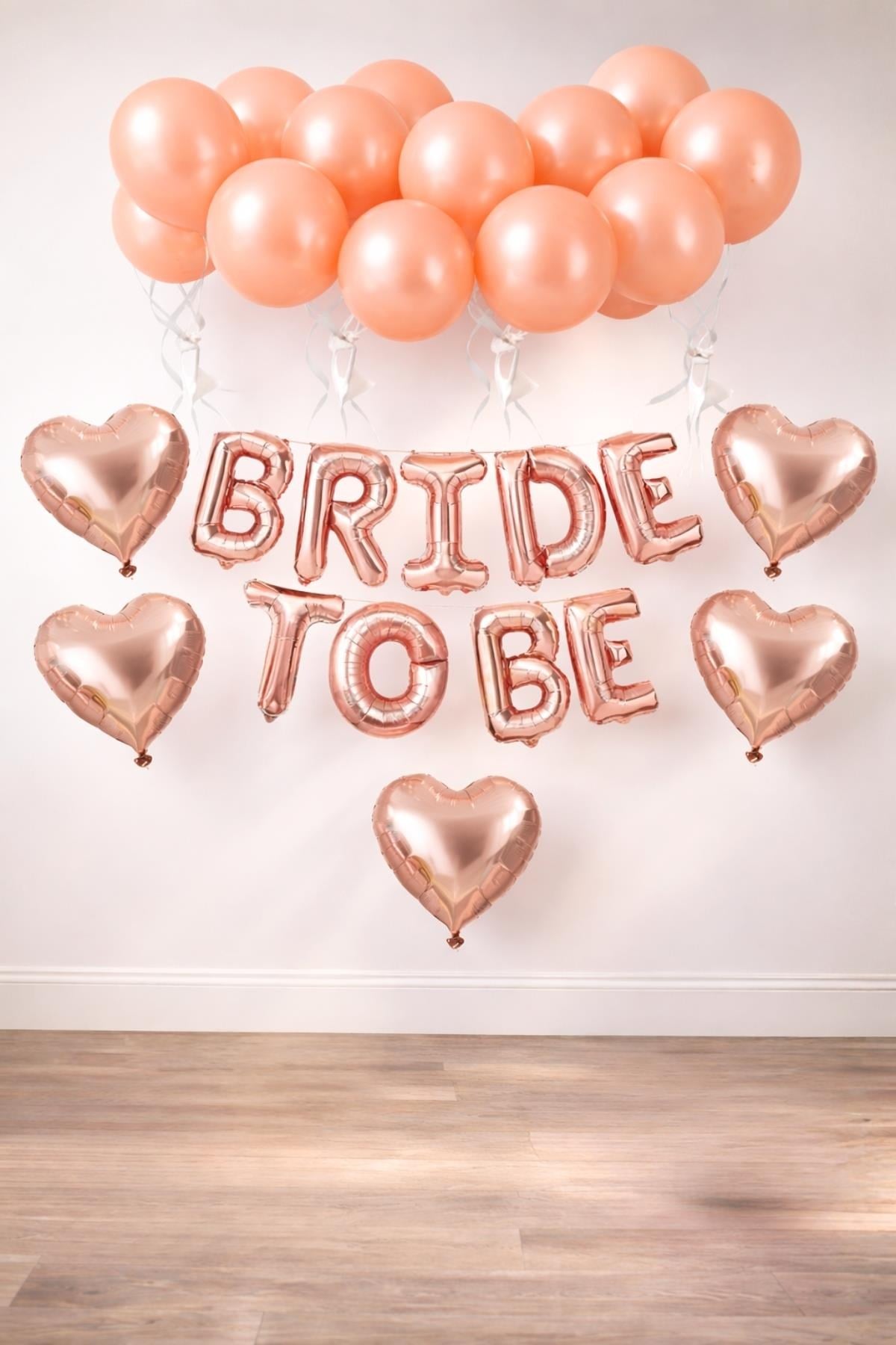 Bride To Be  Rose Gold  Folyo Balon Seti, 5 Adet Kalp Folyo ve Lateks Balon