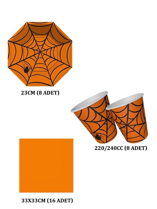 Cadılar Bayramı Halloween Örümcek Temalı Turuncu Konsept Bardak Tabak Peçete 