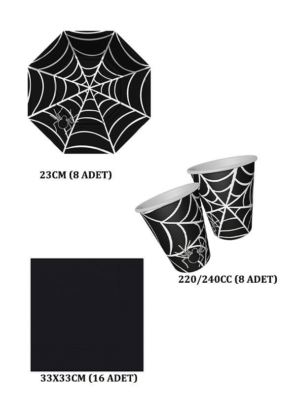 Cadılar Bayramı Halloween Örümcek Temalı Siyah Konsept Bardak Tabak Peçete 