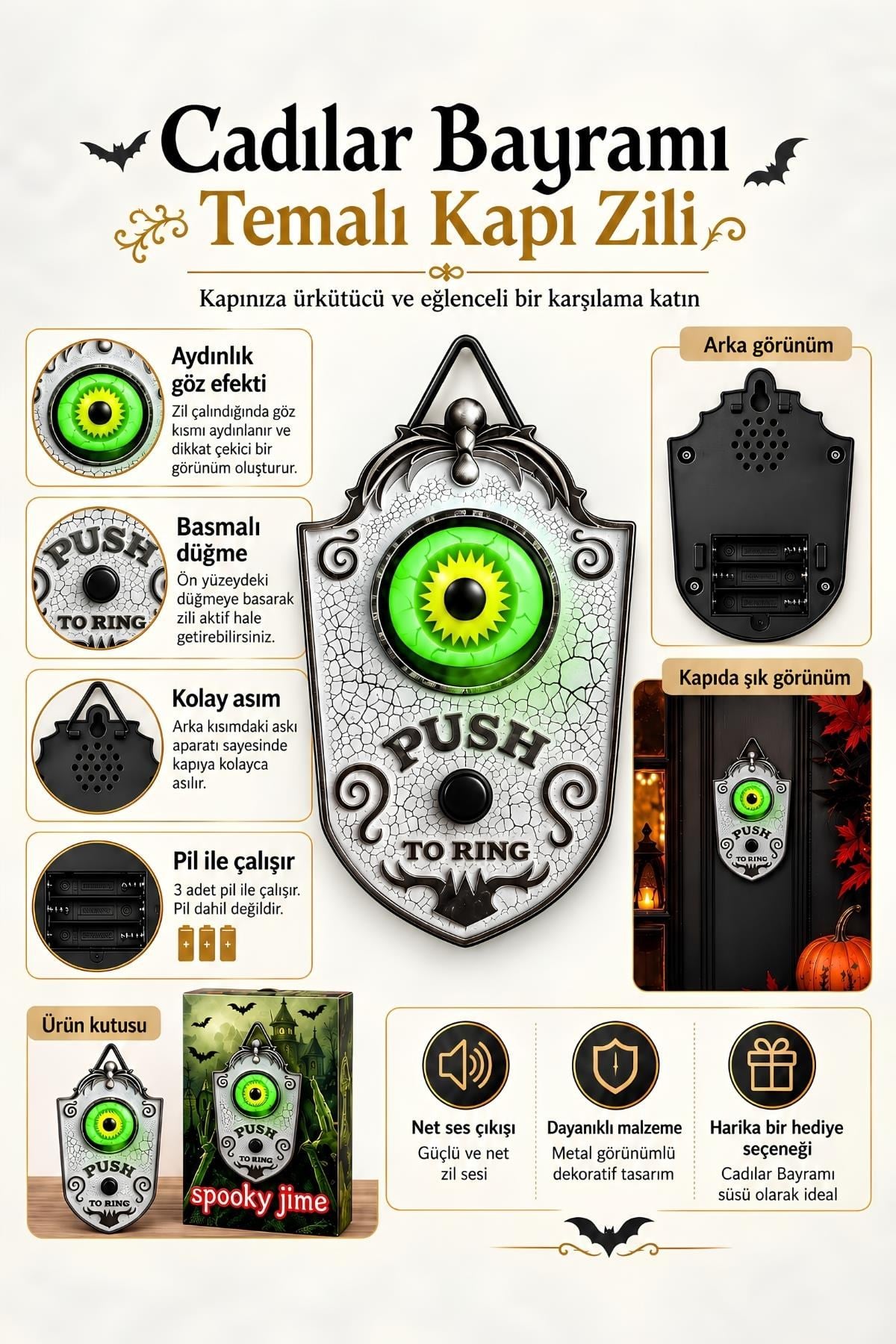 Cadılar Bayramı Işıklı Sesli Gözlü Kapı Zili Dekoru – Beyaz Halloween Kapı Süsü