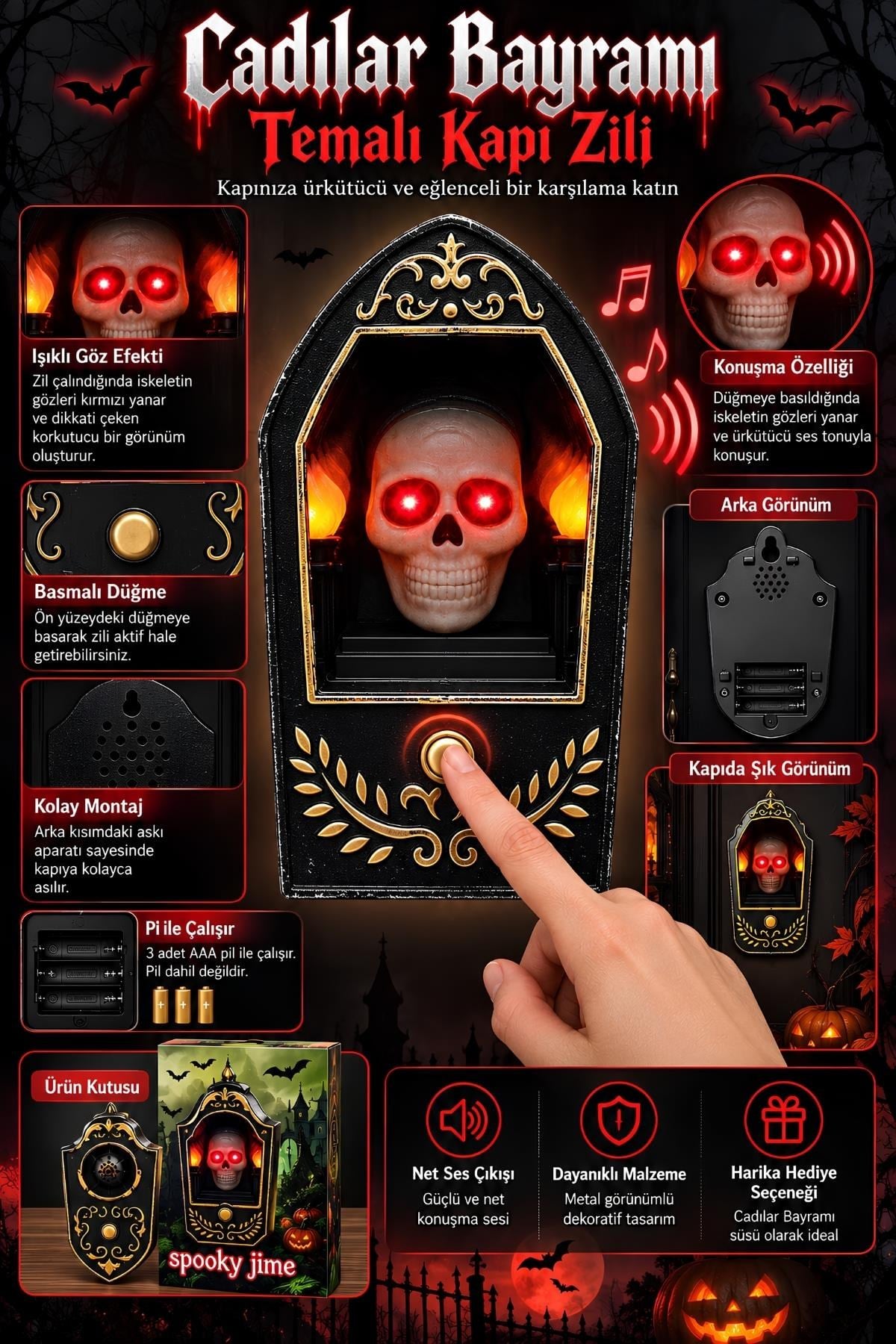 Cadılar Bayramı Işıklı Sesli Kafatası Kapı Zili – Konuşan Halloween Kapı Dekoru