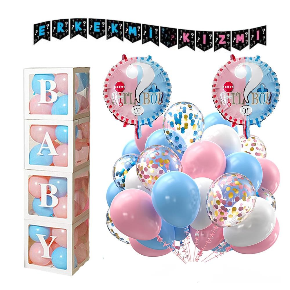 Cinsiyet Belirleme Parti Seti; Baby Kutu, Banner, Folyo Balon Ve Balon Zincir Seti Konsept 4 