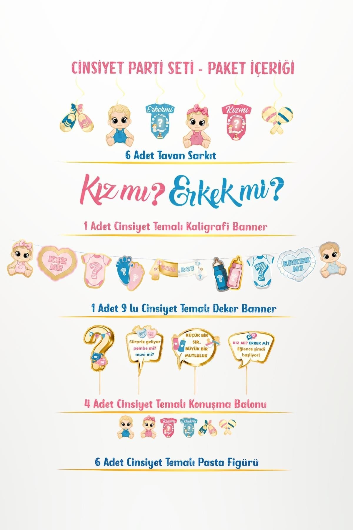 Cinsiyet Partisi Süsleri Seti – Kız mı Erkek mi? Baby Shower Gender Reveal Parti Dekorasyon Seti