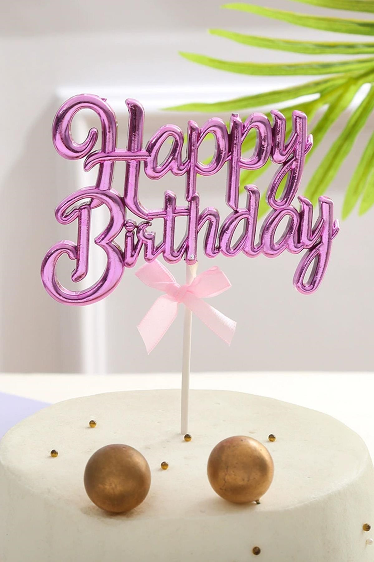 Fuşya Renk Happy Birthday Yazılı Pasta Süsü
