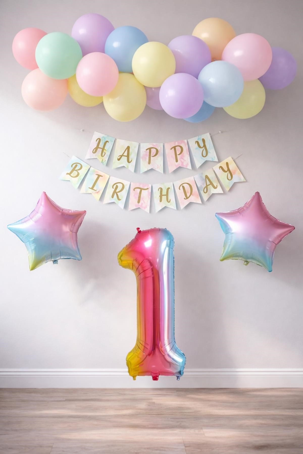 Gökkuşağı Konsepti 1 Yaş Doğum Günü Parti Kutlama Seti; Rakam ve Yıldız Folyo, Banner ve Makaron Balon