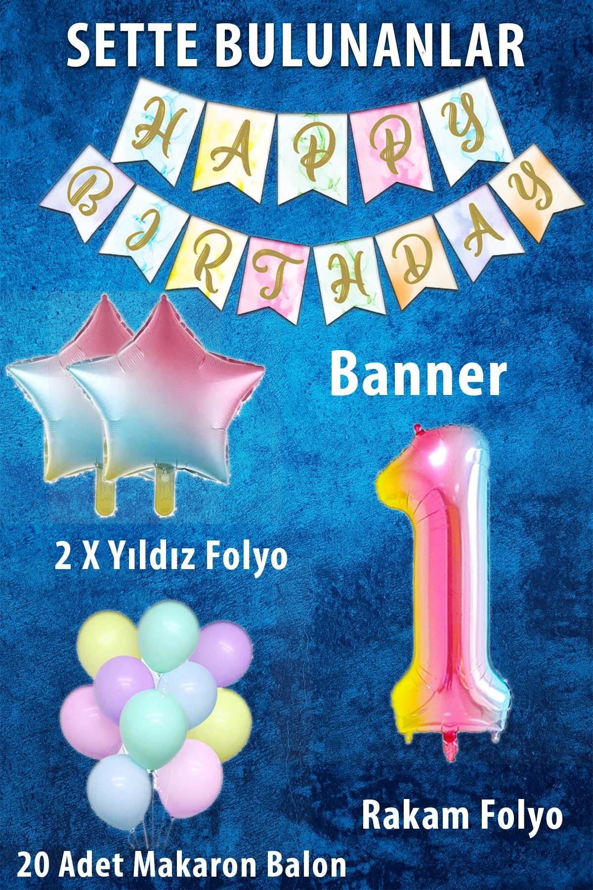 Gökkuşağı Konsepti 1 Yaş Doğum Günü Parti Kutlama Seti; Rakam ve Yıldız Folyo, Banner ve Makaron Balon