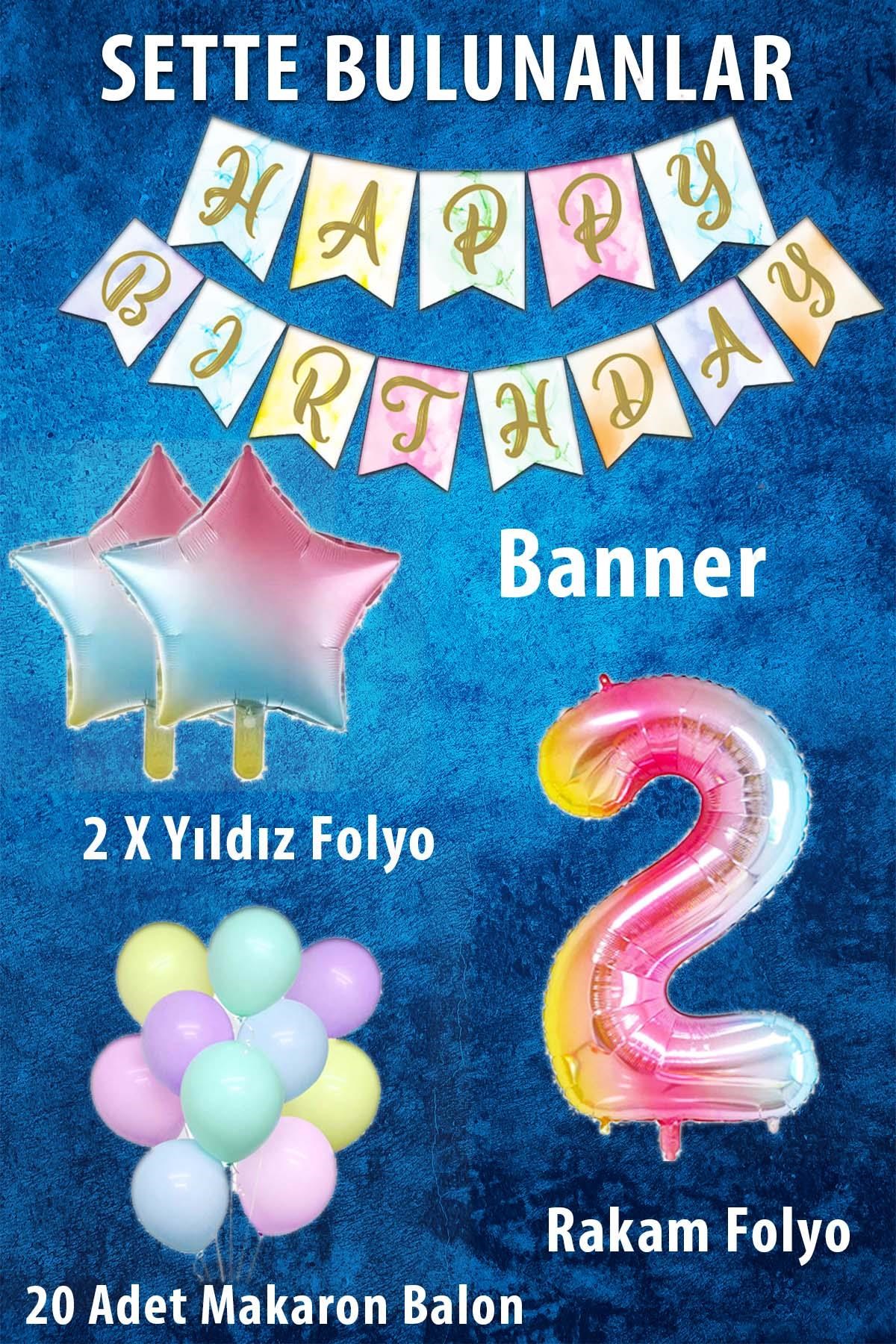 Gökkuşağı Konsepti 2 Yaş Doğum Günü Parti Kutlama Seti; Rakam ve Yıldız Folyo, Banner ve Makaron Balon