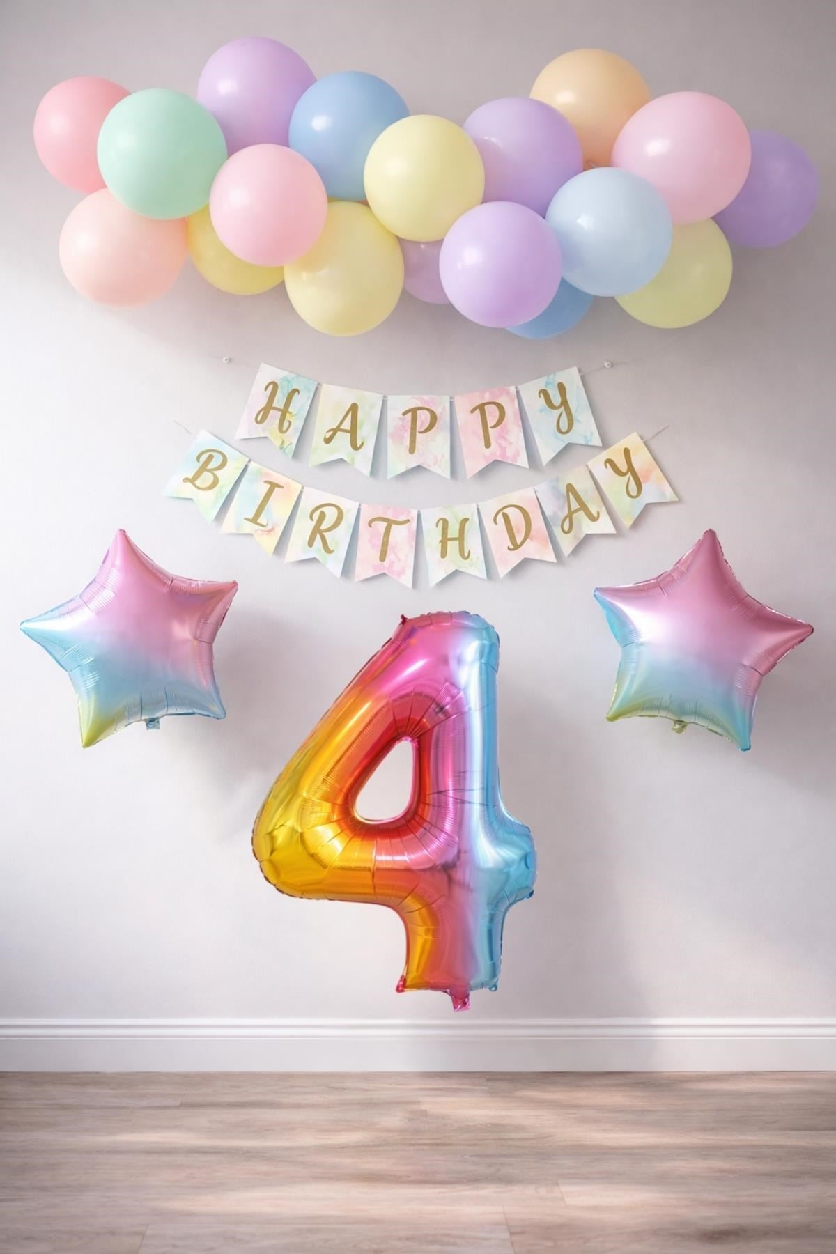 Gökkuşağı Konsepti 4 Yaş Doğum Günü Parti Kutlama Seti; Rakam ve Yıldız Folyo, Banner ve Makaron Balon