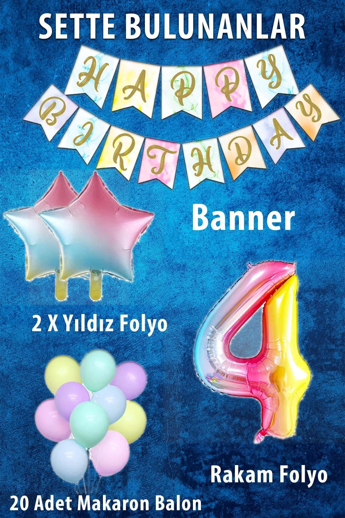 Gökkuşağı Konsepti 4 Yaş Doğum Günü Parti Kutlama Seti; Rakam ve Yıldız Folyo, Banner ve Makaron Balon