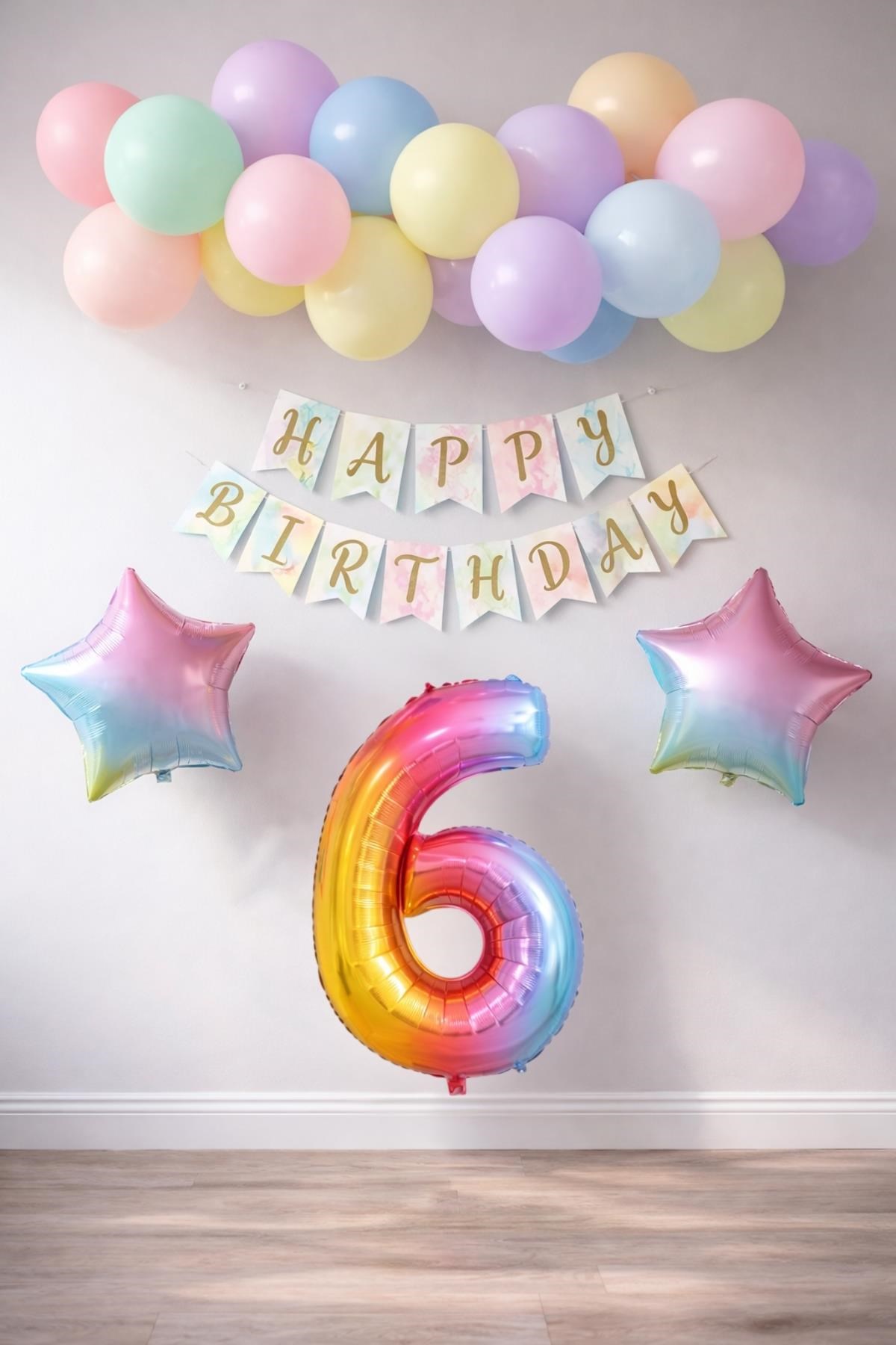Gökkuşağı Konsepti 6 Yaş Doğum Günü Parti Kutlama Seti; Rakam ve Yıldız Folyo, Banner ve Makaron Balon