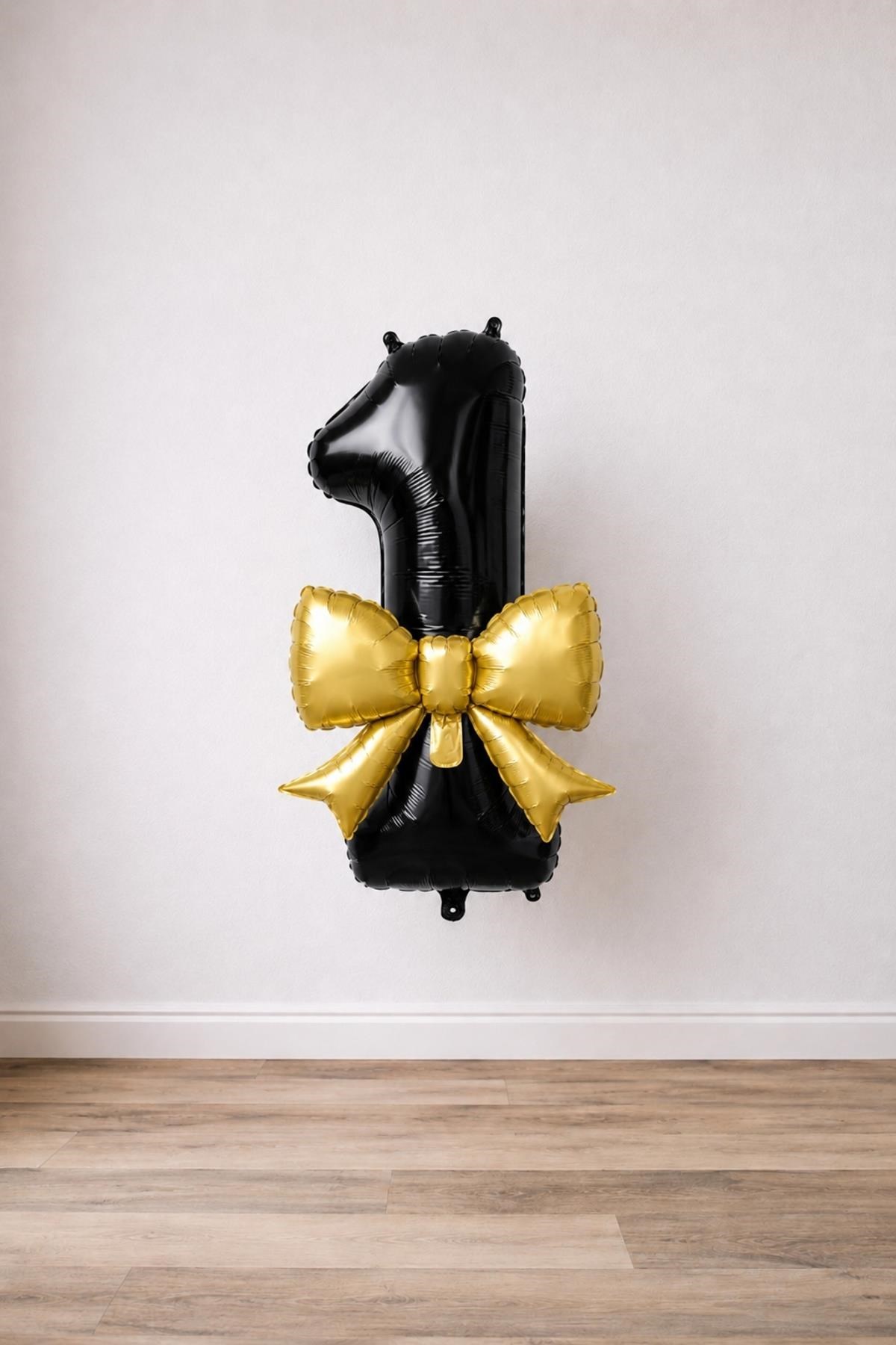 Gold Fiyonk & Siyah 1 Rakam Folyo Balon Seti