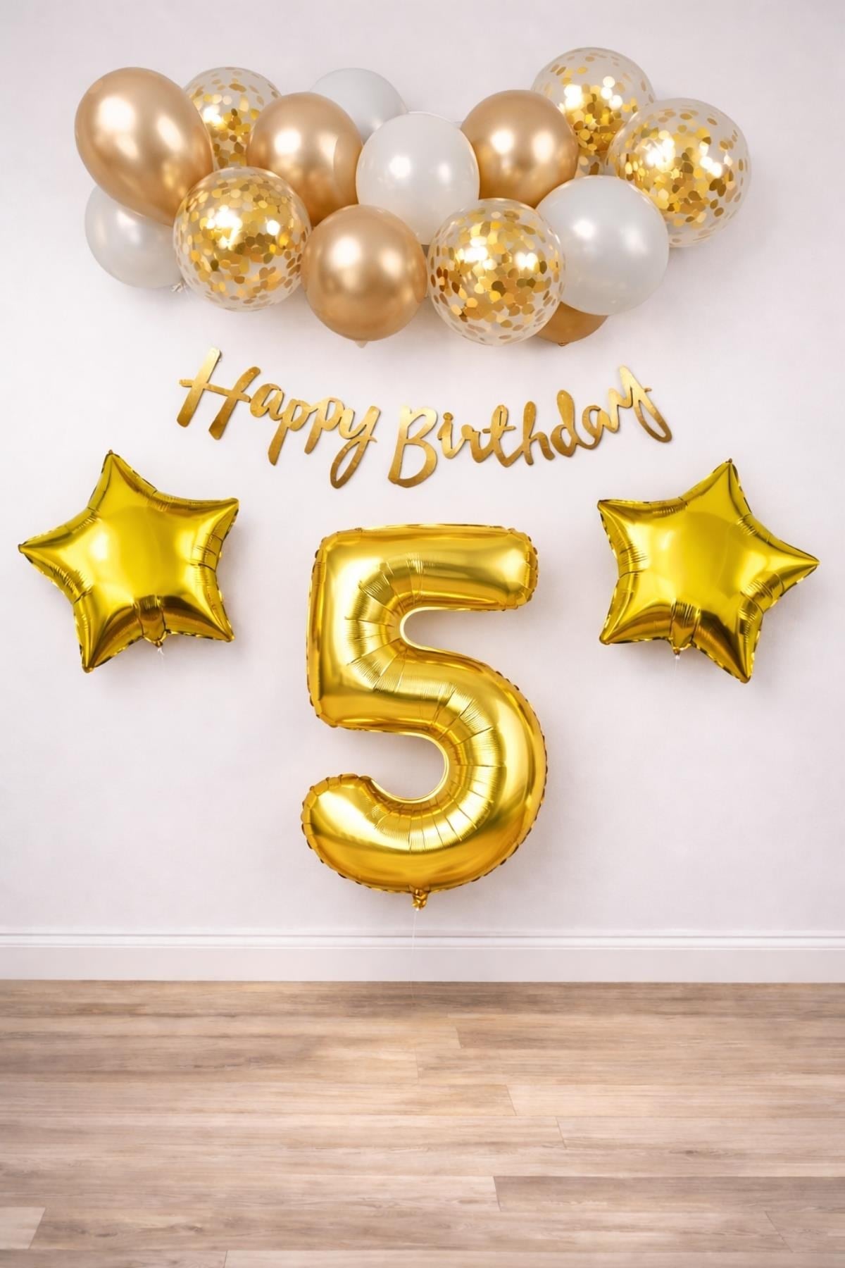Gold Konsept 5 Yaş Doğum Günü Kutlama Seti; Beyaz Gold Konfetili Balon, Rakam Yıldız Folyo ve Banner