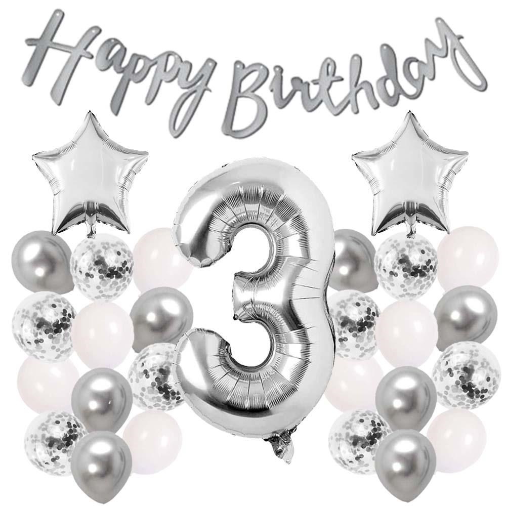 Gümüş Konsept 3 Yaş Doğum Günü Kutlama Seti Beyaz Gümüş Konfetili Balon Rakam Yıldız Folyo ve Banner