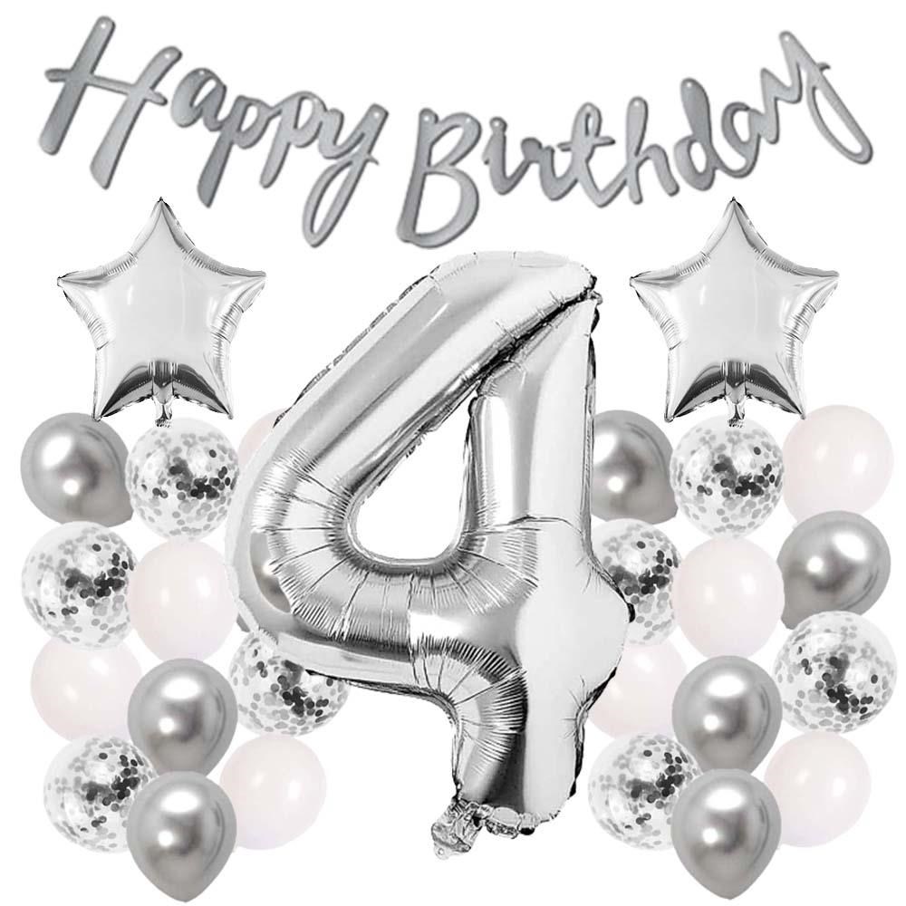 Gümüş Konsept 4 Yaş Doğum Günü Kutlama Seti Beyaz Gümüş Konfetili Balon Rakam Yıldız Folyo ve Banner