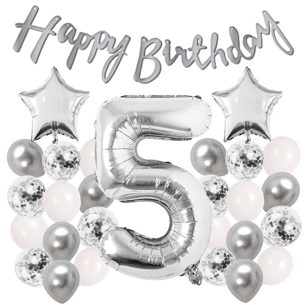 Gümüş Konsept 5 Yaş Doğum Günü Kutlama Seti Beyaz Gümüş Konfetili Balon Rakam Yıldız Folyo ve Banner