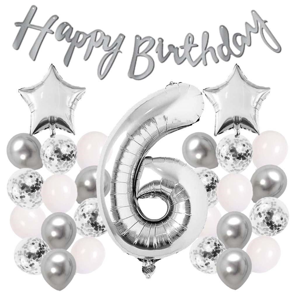 Gümüş Konsept 6 Yaş Doğum Günü Kutlama Seti Beyaz Gümüş Konfetili Balon Rakam Yıldız Folyo ve Banner