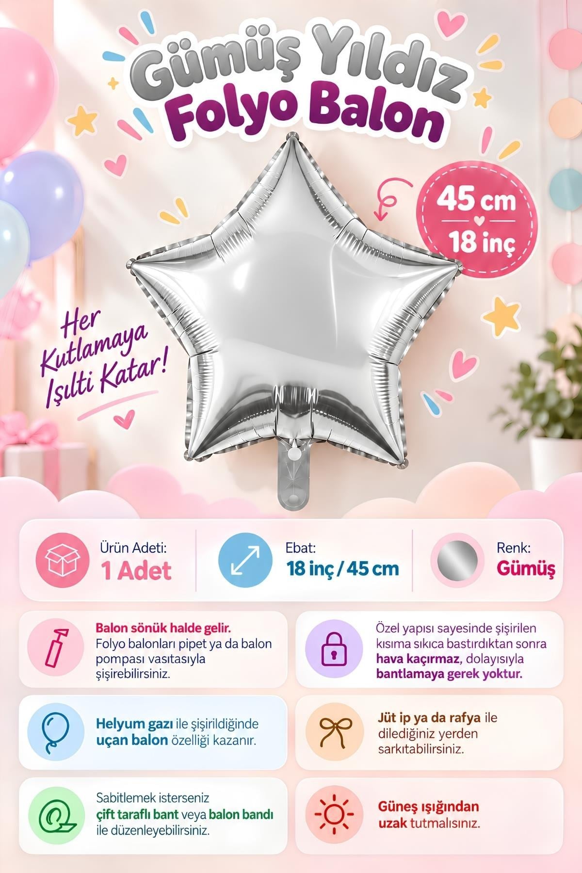 Gümüş Yıldız Folyo Balon 45 cm - Bebek Çocuk Parti Kutlama