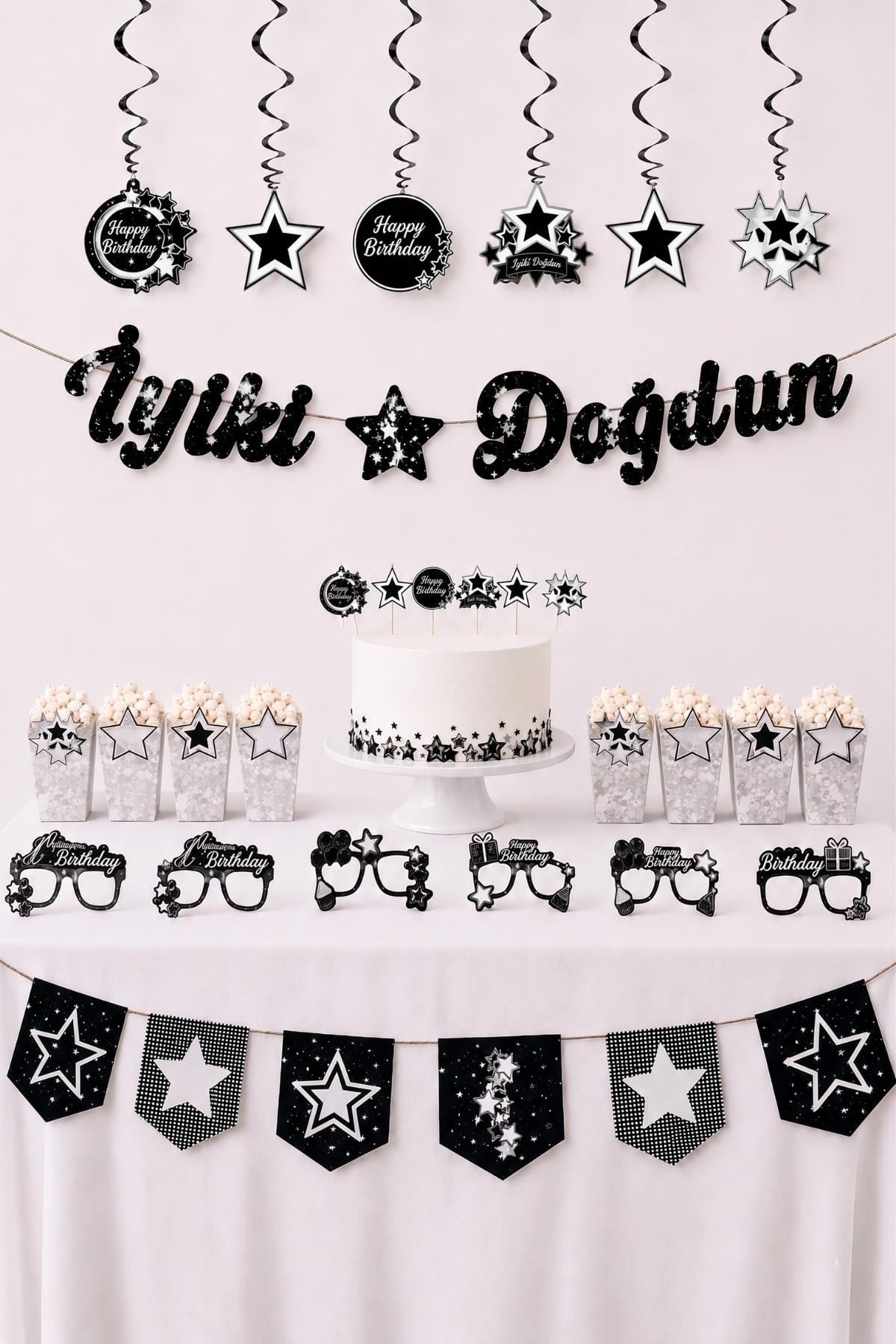Gümüş Yıldız Temalı Doğum Günü Parti Seti – İyi Ki Doğdun Banner, Tavan Sarkıt, Gözlük, Pasta Süsü ve Mısır Kutusu