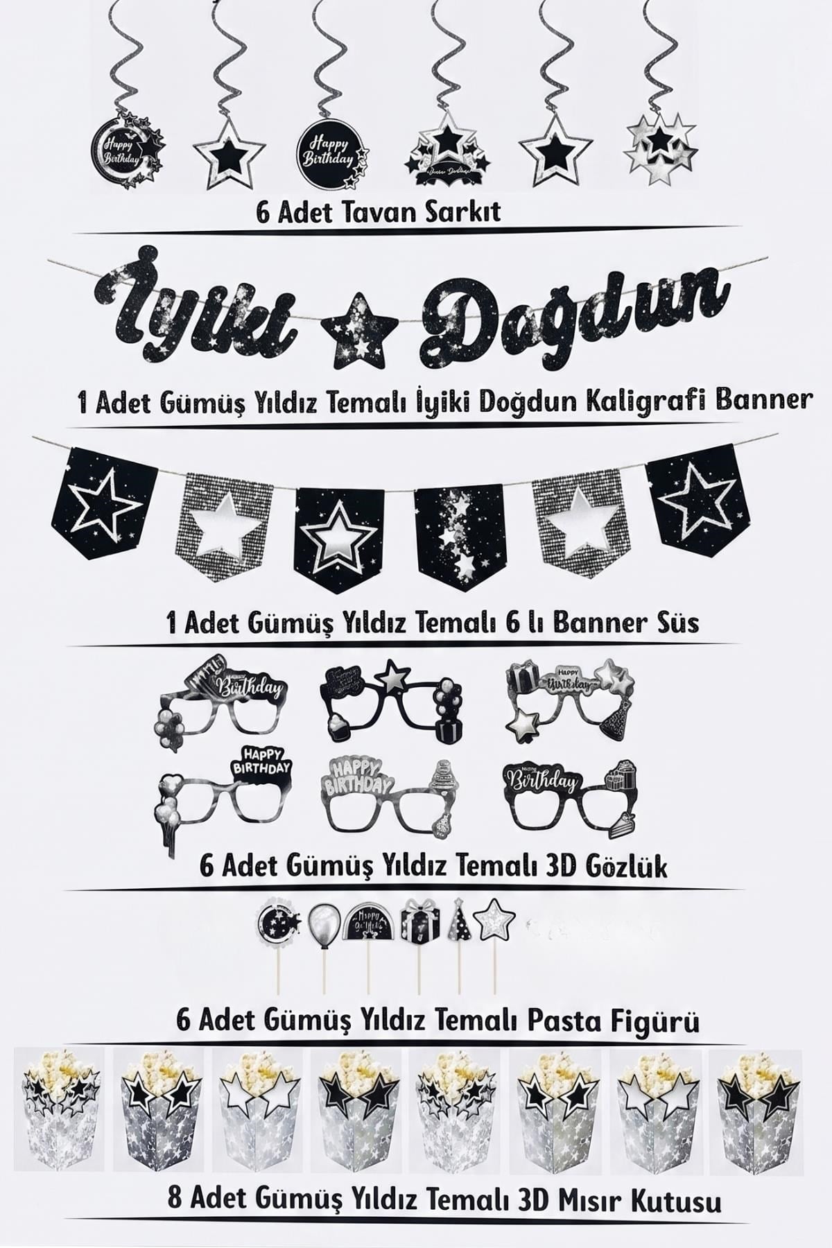 Gümüş Yıldız Temalı Doğum Günü Parti Seti – İyi Ki Doğdun Banner, Tavan Sarkıt, Gözlük, Pasta Süsü ve Mısır Kutusu