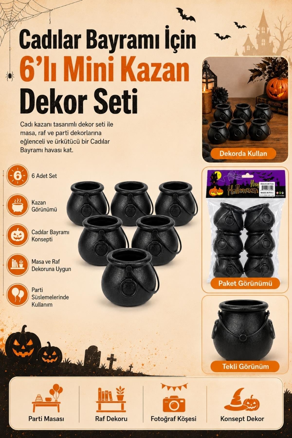 Halloween Cadılar Bayramı 6’lı Mini Kazan Dekor Seti – Siyah Cadı Kazanı Süsü