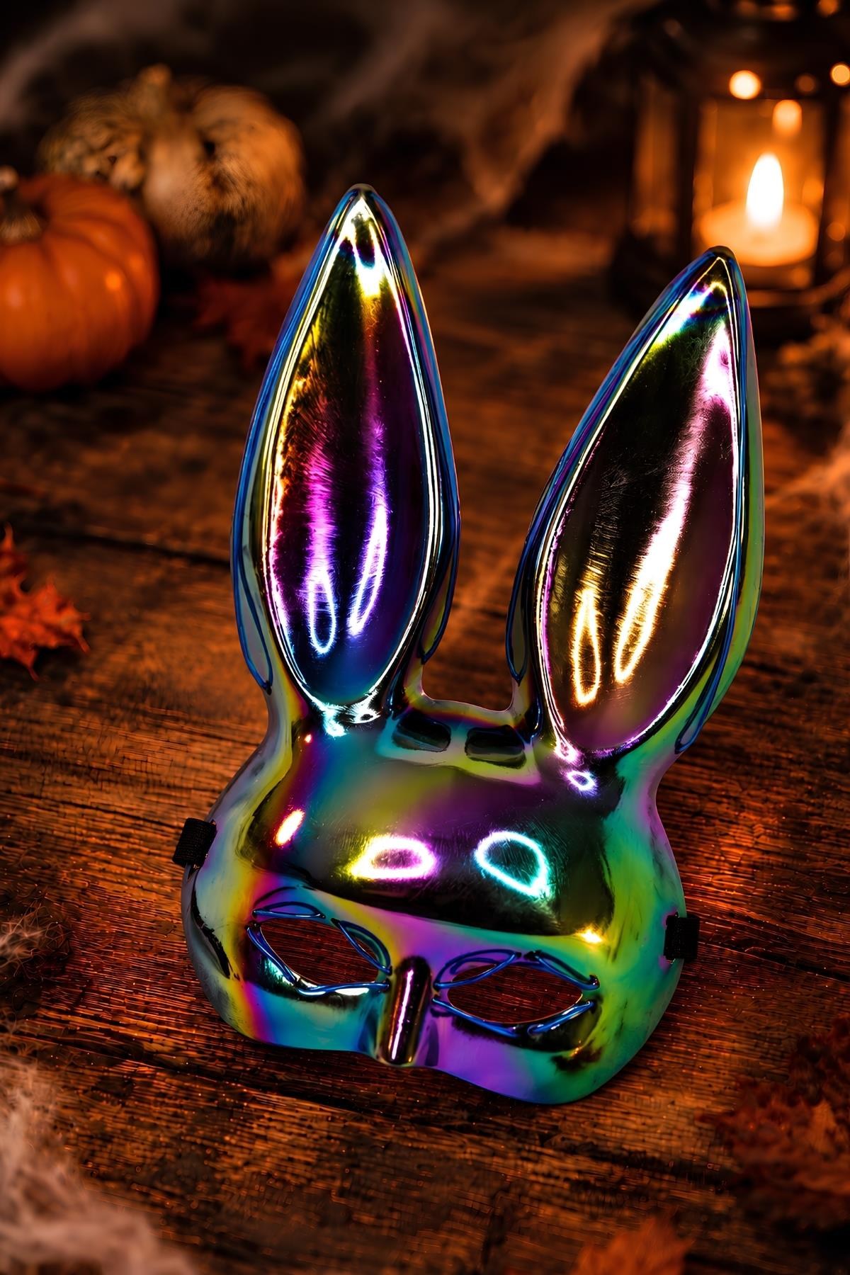Halloween Cadılar Bayramı Holografik Tavşan Maskesi – Parlak Renkli Kostüm Aksesuarı