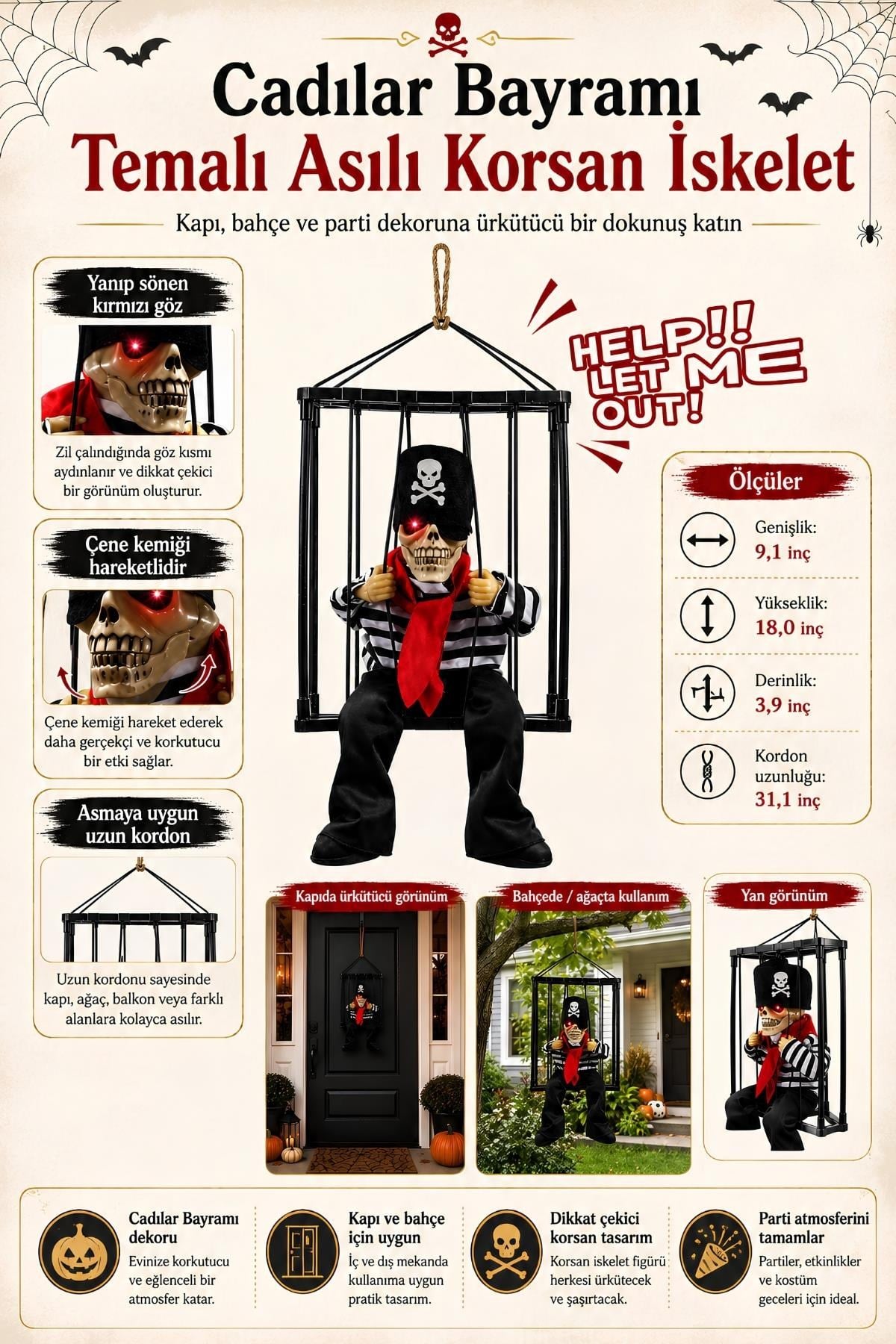 Halloween Cadılar Bayramı Işıklı Hareketli Kafesli Korsan İskelet Kapı Süsü