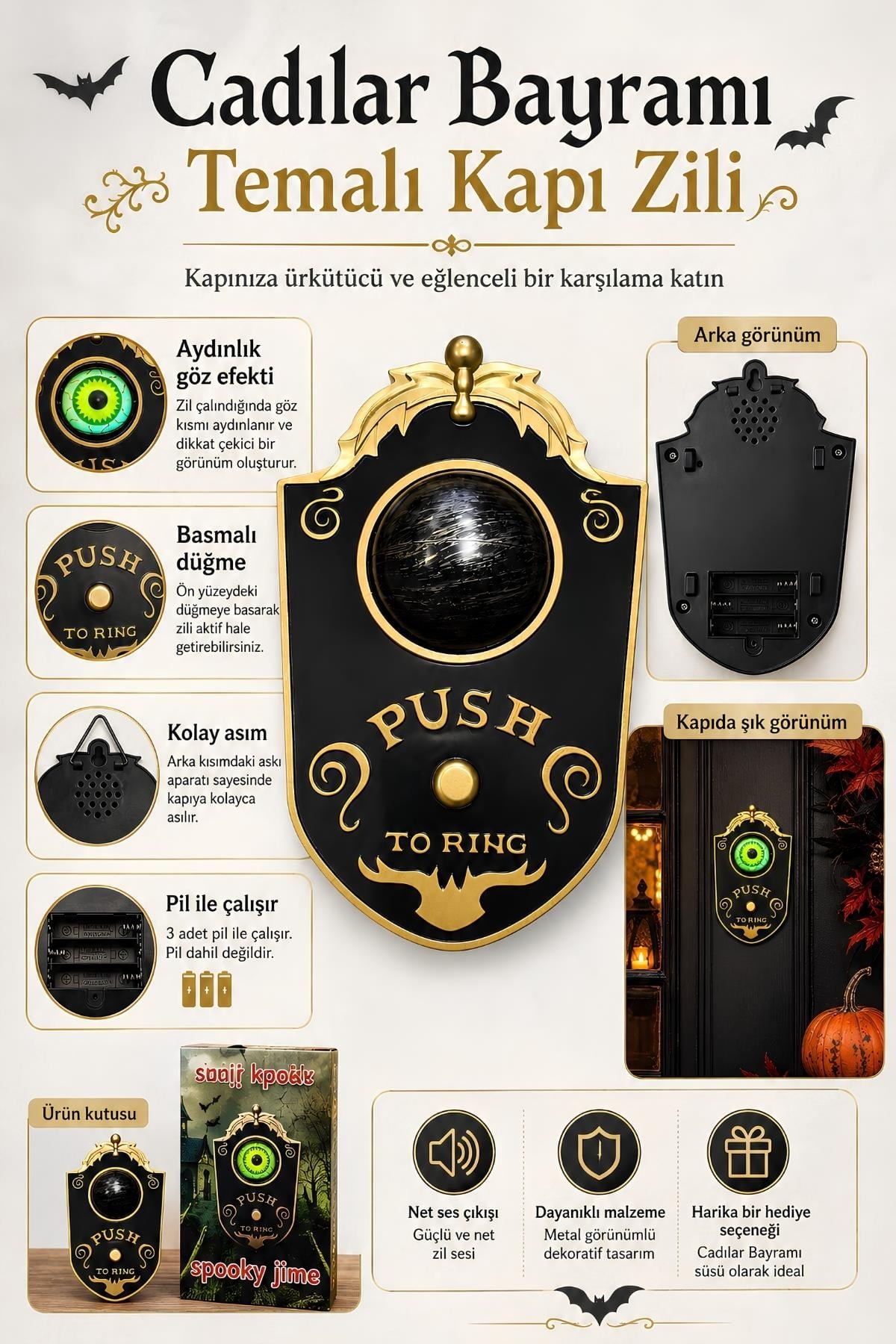 Halloween Cadılar Bayramı Işıklı ve Sesli Gözlü Kapı Zili